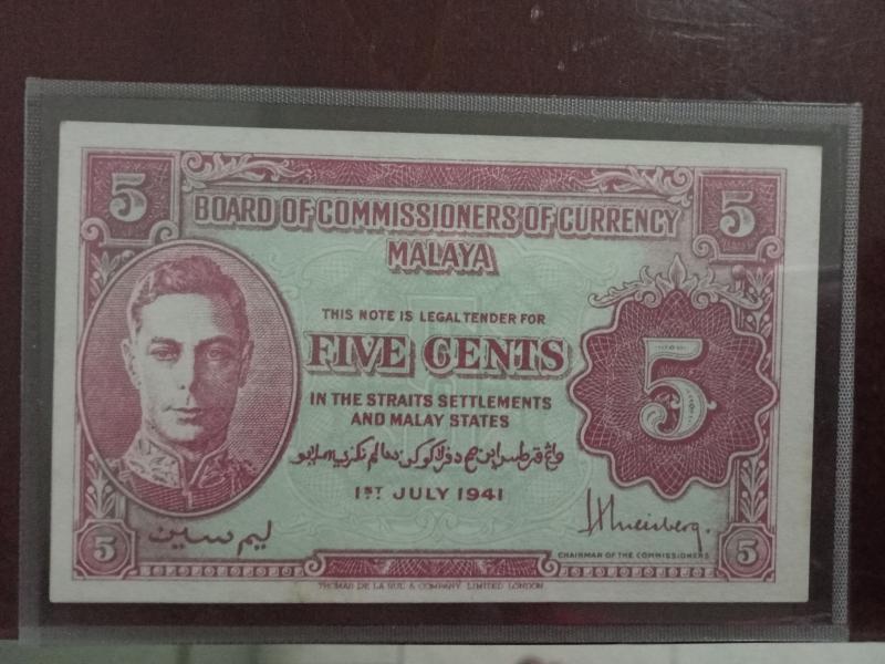 1941 Malaya 5 cents note. The back of…