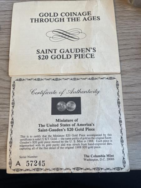 Miniature 1908 Saint-Gauden’s $20 22 k Gold Piece.&hellip;