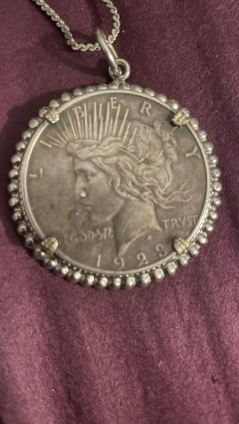 1923 silver peace dollar, D mint marking, necklace.