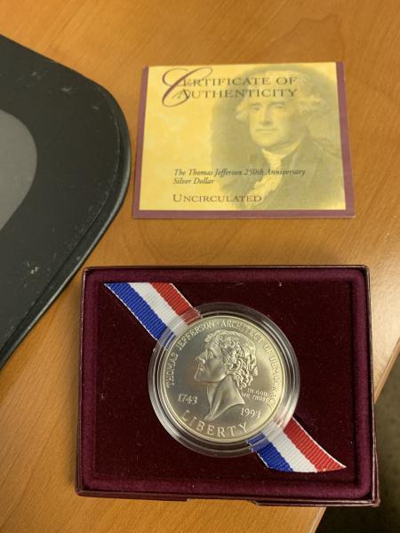 250th anniversary edition Thomas Jefferson silver dollar.
