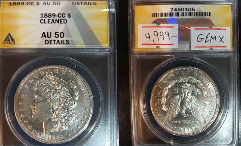 1889-CC Morgan Dollar AU-50 Details ANACS (Cleaned)
