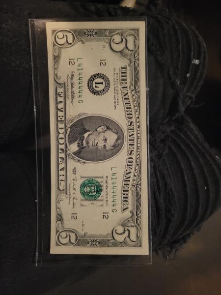 1995 $5 bill, uncirculated, serial number 41444444