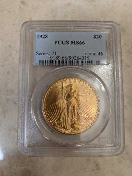 1928 Saint-Gaudens $20 gold coin, PCGS graded MS66
