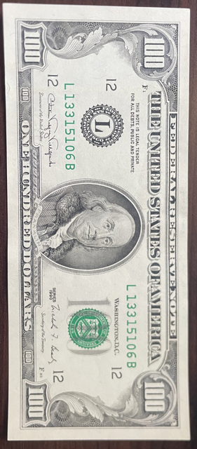 Consecutive 1990 100 dollar bills. From number 06&hellip;